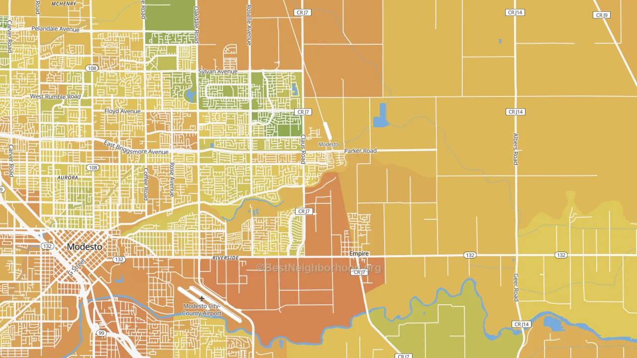 Map of the best neighborhoods in the 95357 area, with better matches in green and worse matches in red
