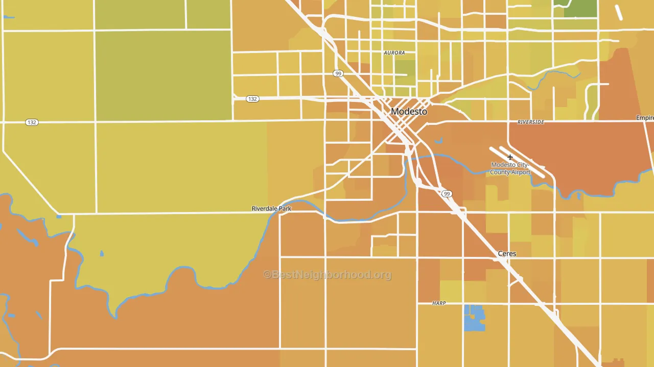 Map of the best neighborhoods in the 95358 area, with better matches in green and worse matches in red