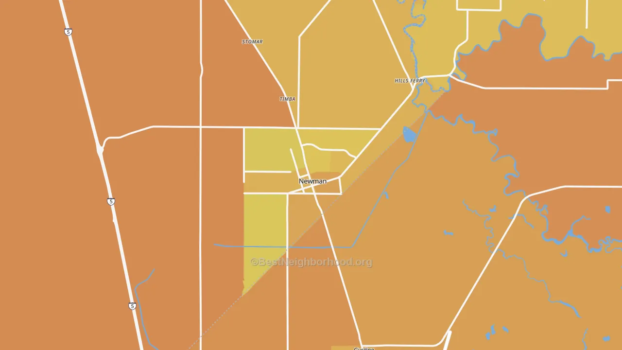 Map of the best neighborhoods in the 95360 area, with better matches in green and worse matches in red