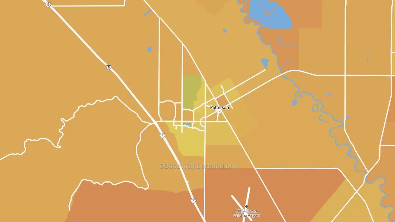 Map of the best neighborhoods in the 95363 area, with better matches in green and worse matches in red