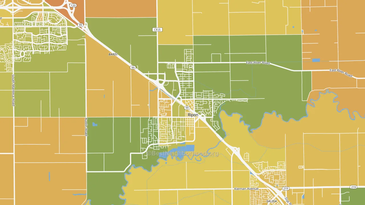 Map of the best neighborhoods in the 95366 area, with better matches in green and worse matches in red