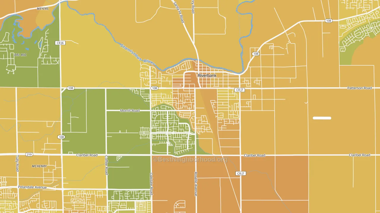 Map of the best neighborhoods in the 95367 area, with better matches in green and worse matches in red