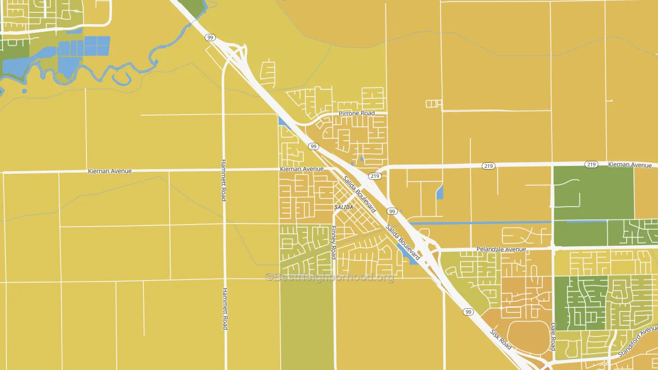 Map of the best neighborhoods in the 95368 area, with better matches in green and worse matches in red