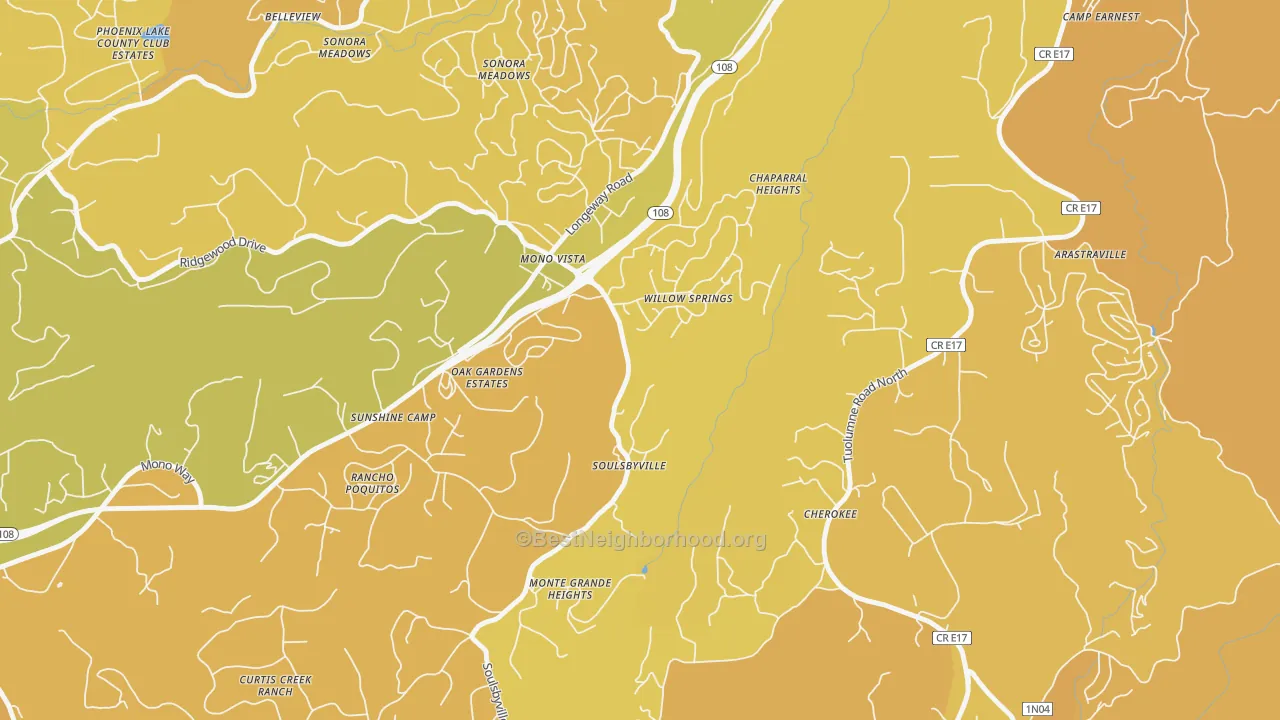 Map of the best neighborhoods in the 95372 area, with better matches in green and worse matches in red
