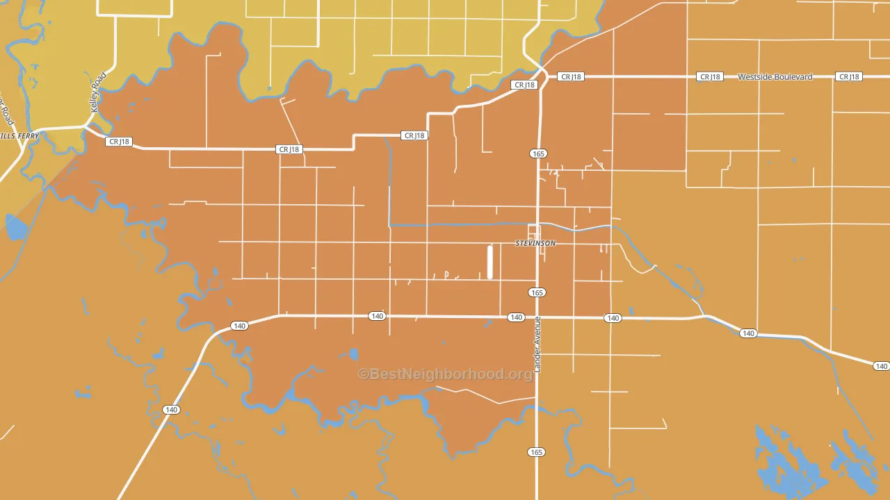 Map of the best neighborhoods in the 95374 area, with better matches in green and worse matches in red