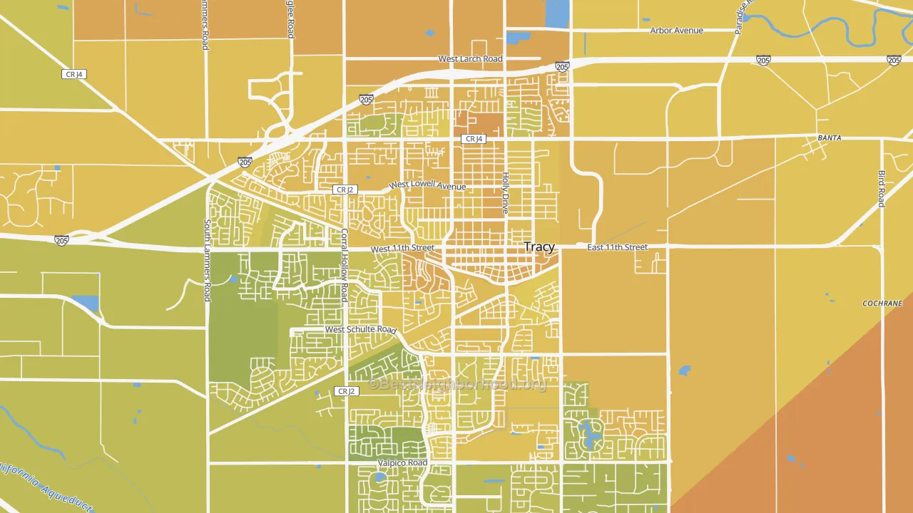 Map of the best neighborhoods in the 95376 area, with better matches in green and worse matches in red