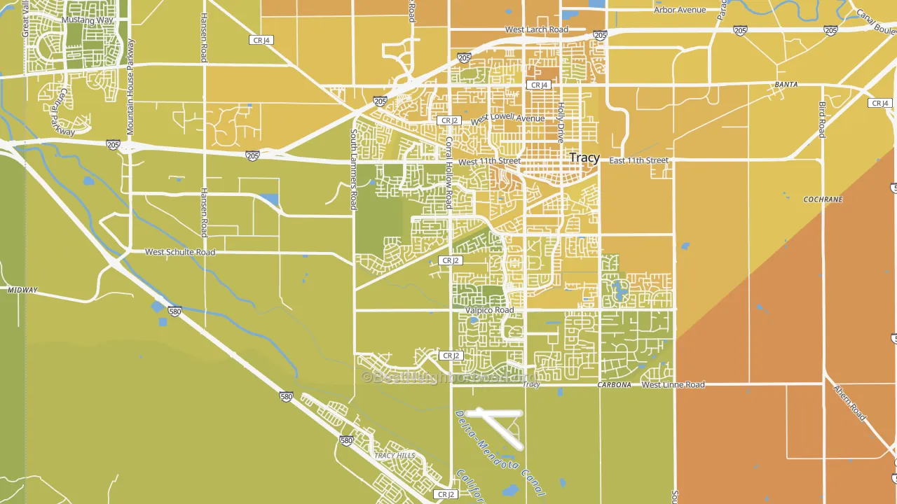 Map of the best neighborhoods in the 95377 area, with better matches in green and worse matches in red