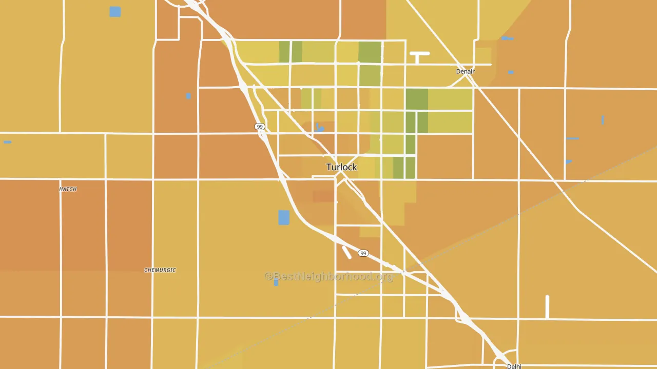 Map of the best neighborhoods in the 95380 area, with better matches in green and worse matches in red