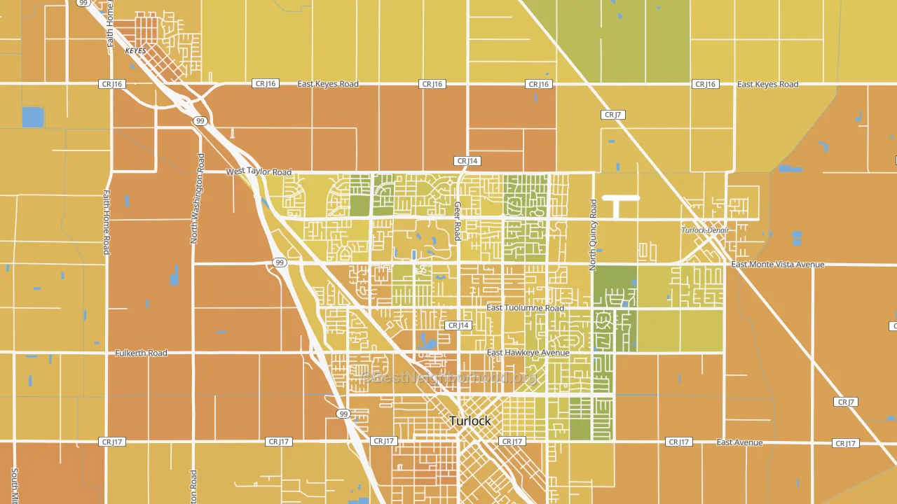 Map of the best neighborhoods in the 95382 area, with better matches in green and worse matches in red