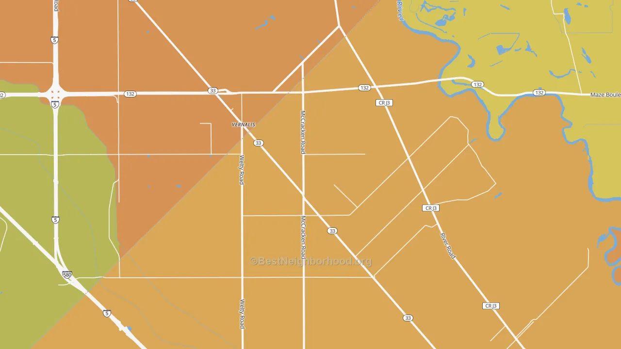 Map of the best neighborhoods in the 95385 area, with better matches in green and worse matches in red