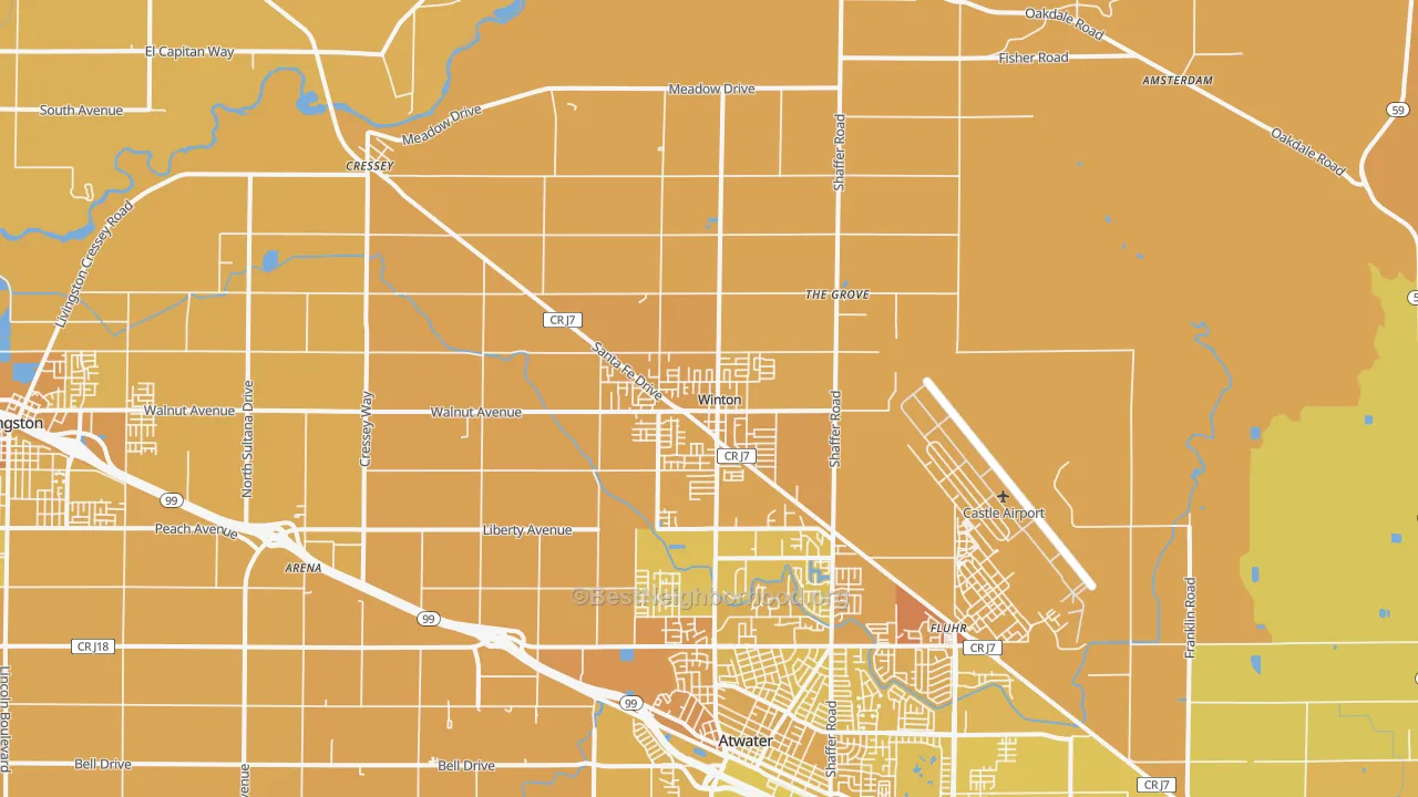 Map of the best neighborhoods in the 95388 area, with better matches in green and worse matches in red