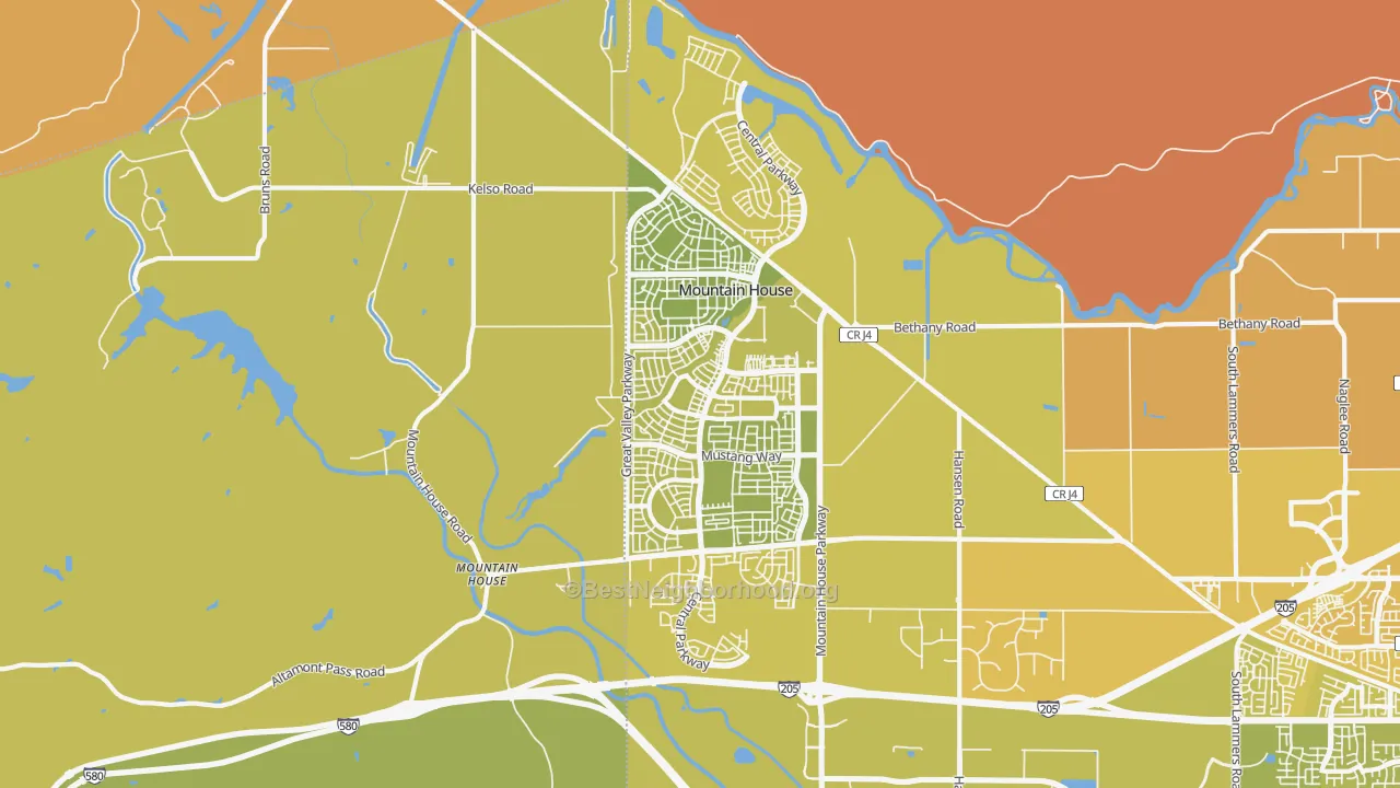 Map of the best neighborhoods in the 95391 area, with better matches in green and worse matches in red