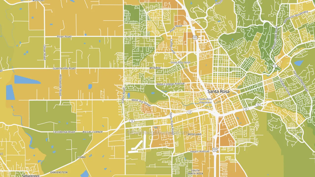 Map of the best neighborhoods in the 95401 area, with better matches in green and worse matches in red