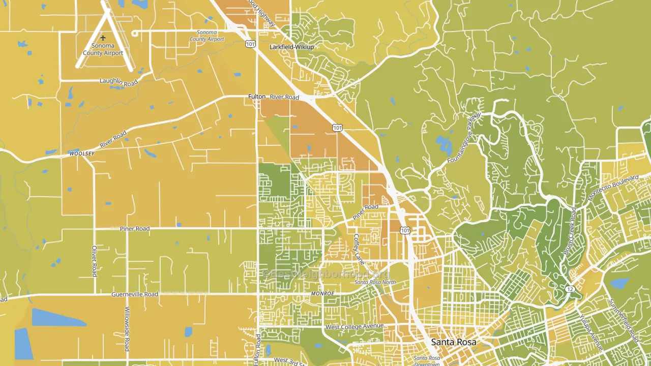 Map of the best neighborhoods in the 95403 area, with better matches in green and worse matches in red