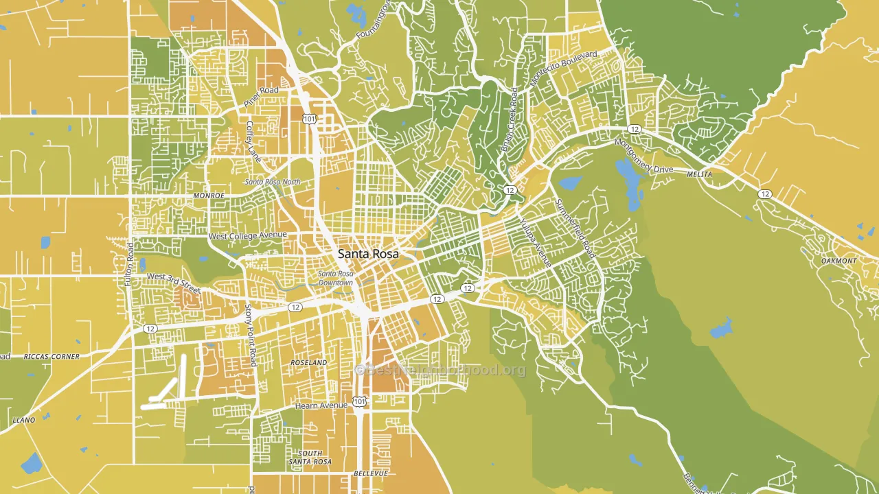 Map of the best neighborhoods in the 95404 area, with better matches in green and worse matches in red