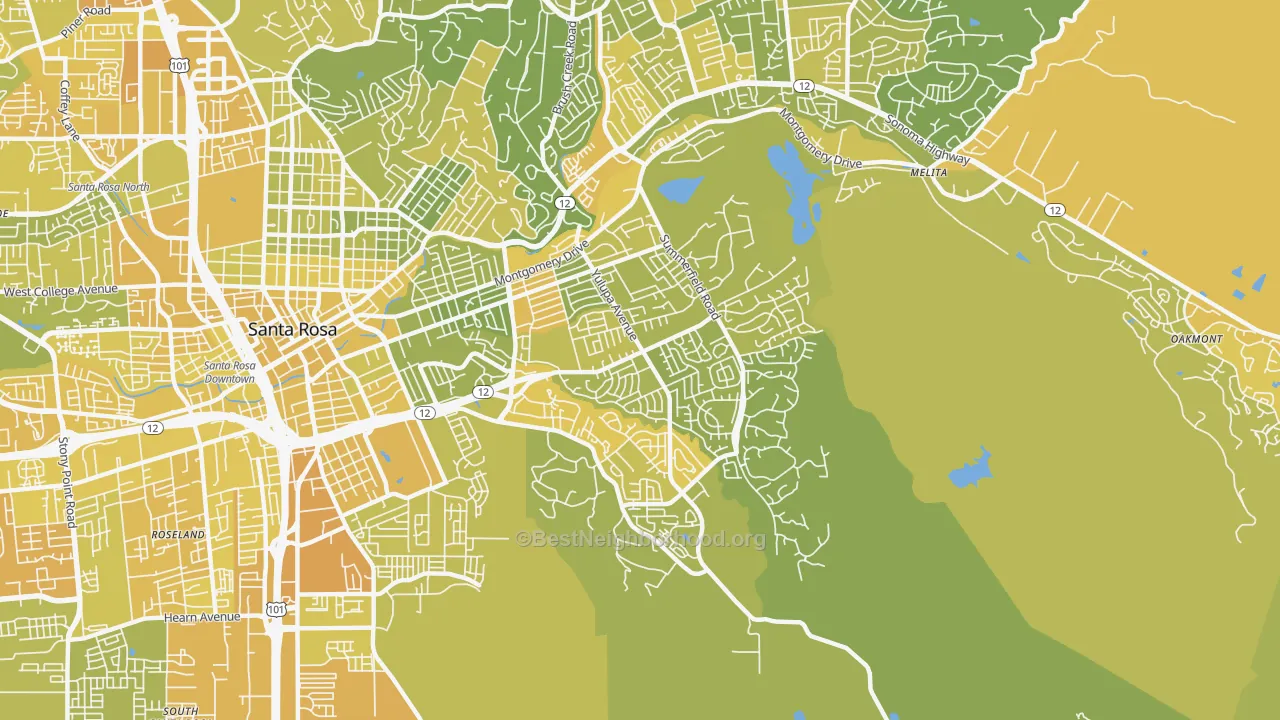 Map of the best neighborhoods in the 95405 area, with better matches in green and worse matches in red