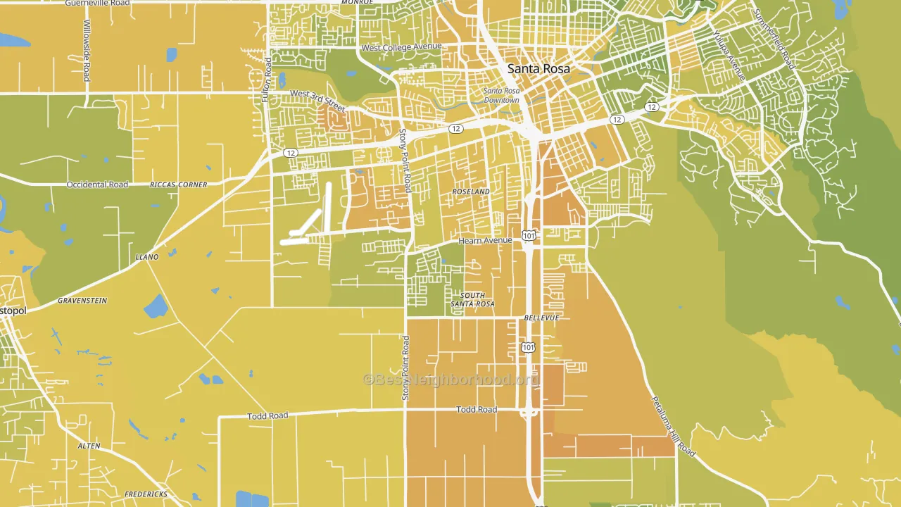 Map of the best neighborhoods in the 95407 area, with better matches in green and worse matches in red