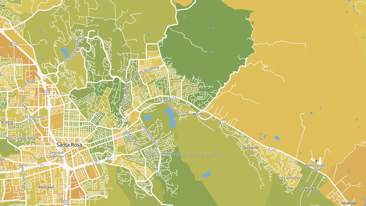 Map of the best neighborhoods in the 95409 area, with better matches in green and worse matches in red