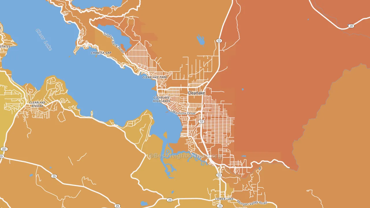 Map of the best neighborhoods in the 95422 area, with better matches in green and worse matches in red