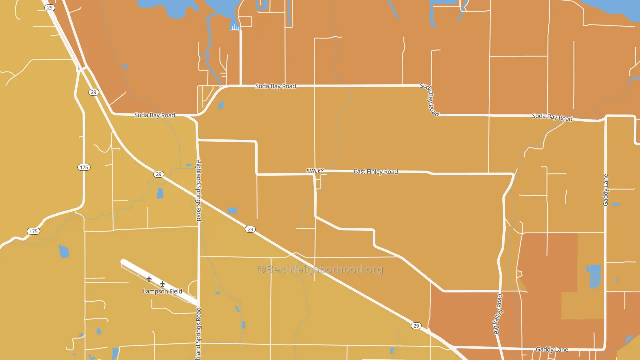 Map of the best neighborhoods in the 95435 area, with better matches in green and worse matches in red