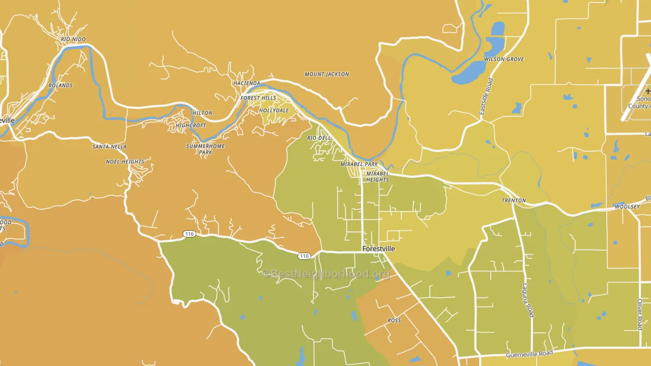 Map of the best neighborhoods in the 95436 area, with better matches in green and worse matches in red