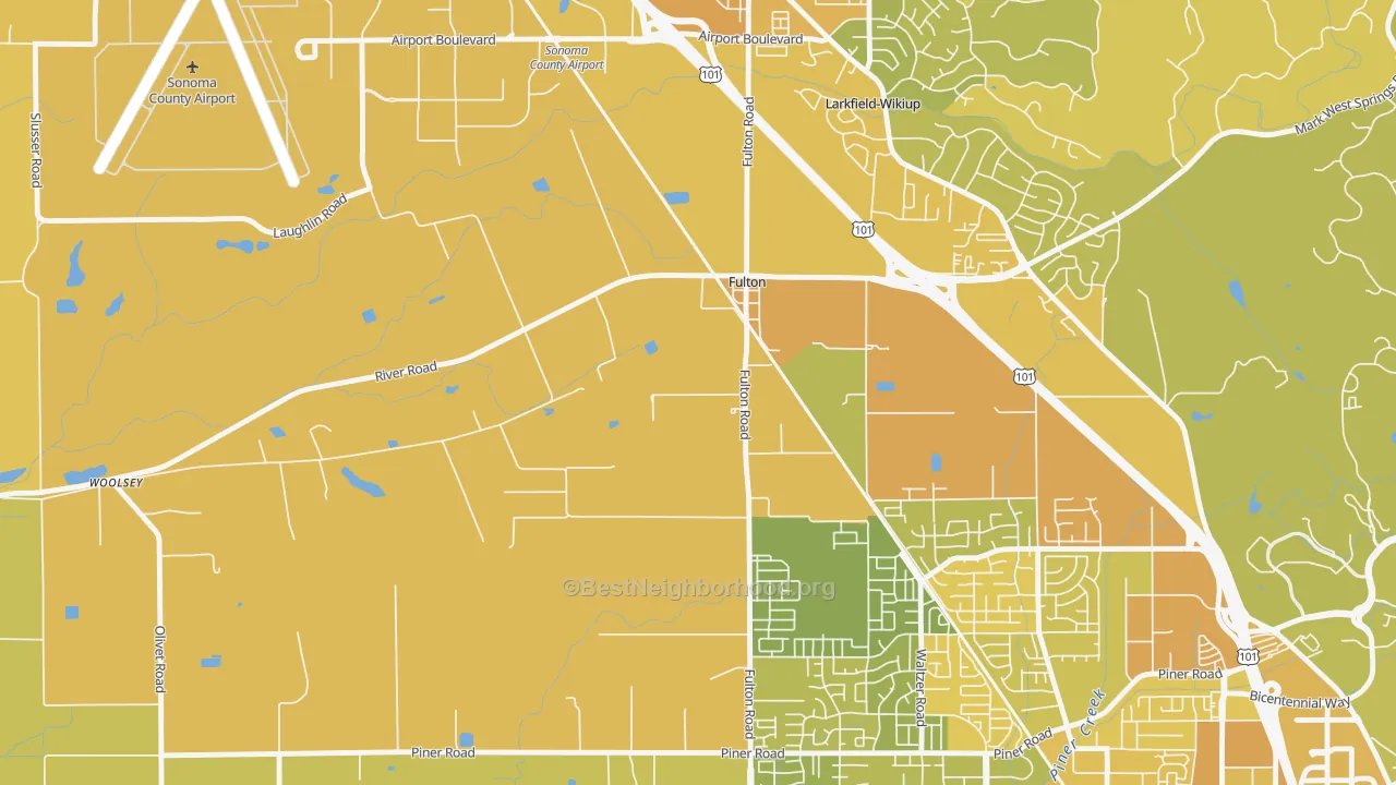 Map of the best neighborhoods in the 95439 area, with better matches in green and worse matches in red