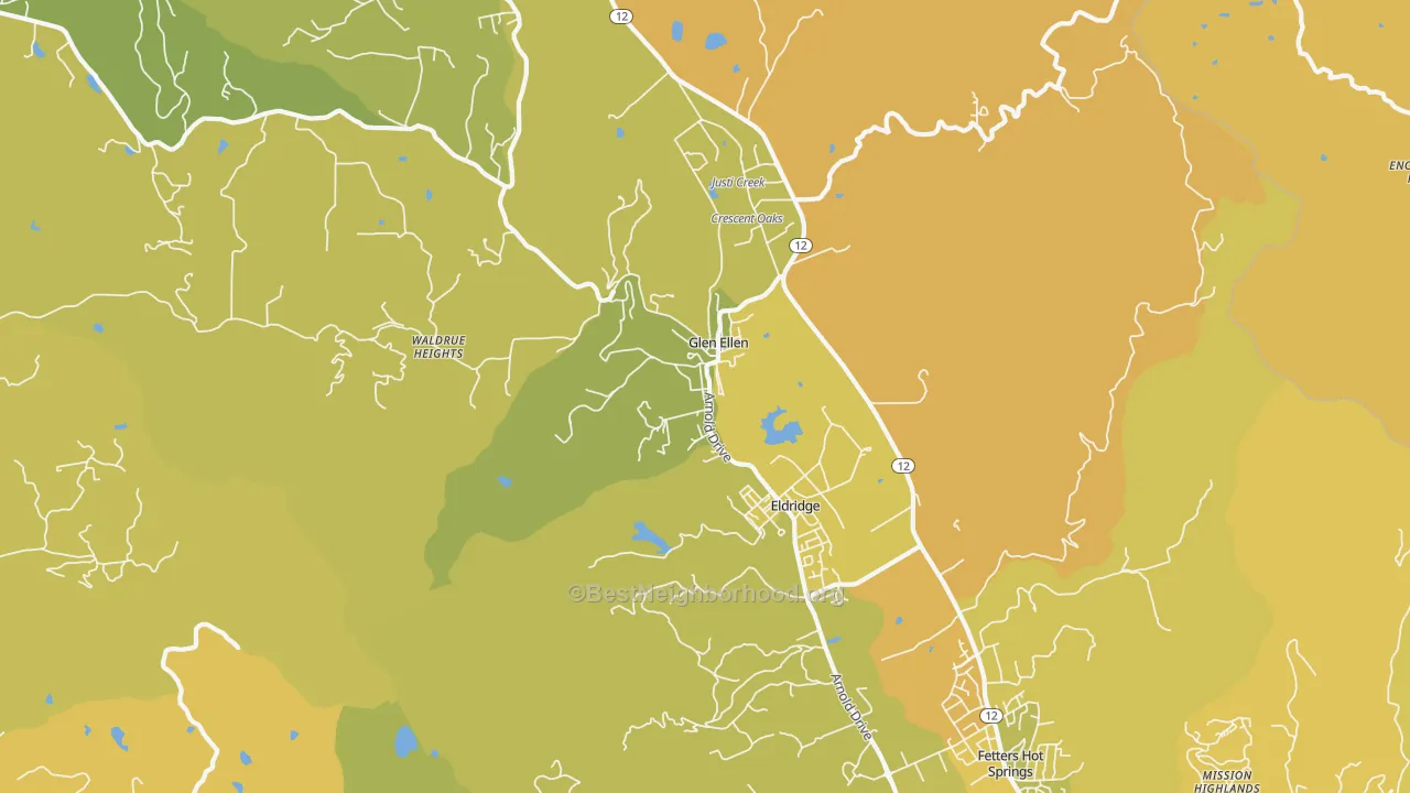 Map of the best neighborhoods in the 95442 area, with better matches in green and worse matches in red