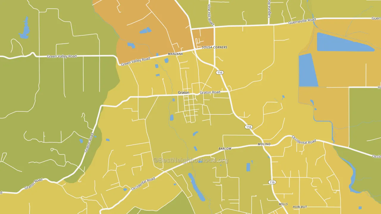 Map of the best neighborhoods in the 95444 area, with better matches in green and worse matches in red