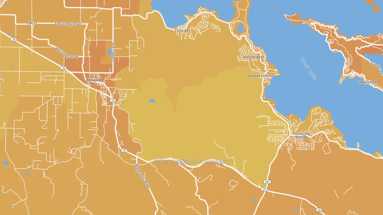 Map of the best neighborhoods in the 95451 area, with better matches in green and worse matches in red