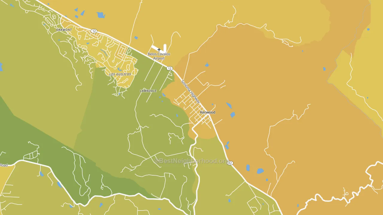 Map of the best neighborhoods in the 95452 area, with better matches in green and worse matches in red
