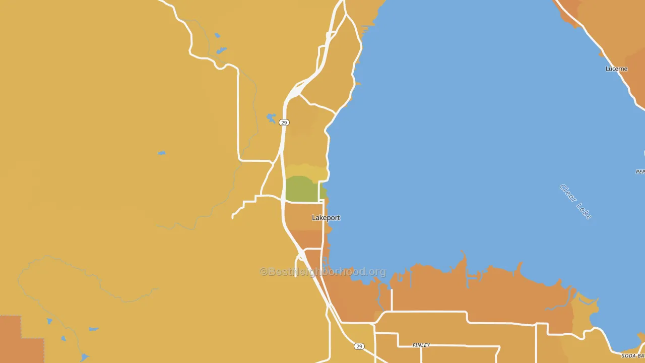 Map of the best neighborhoods in the 95453 area, with better matches in green and worse matches in red