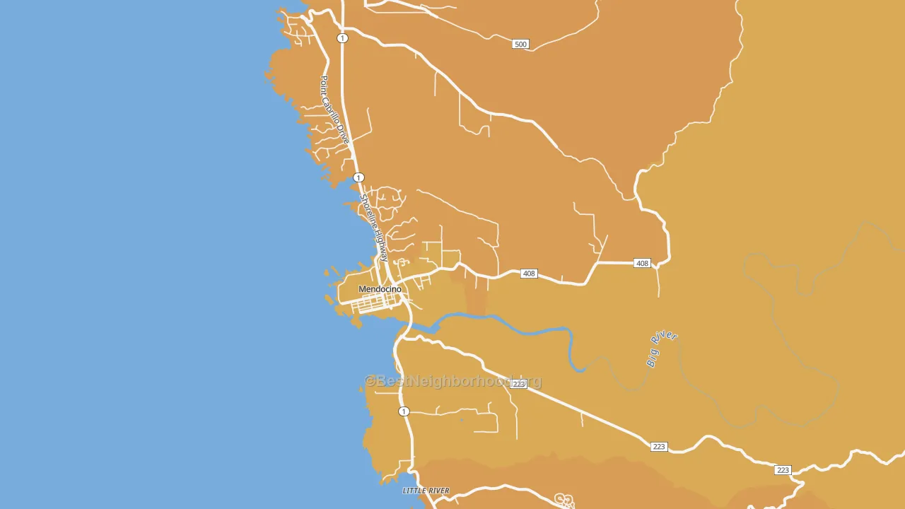 Map of the best neighborhoods in the 95460 area, with better matches in green and worse matches in red