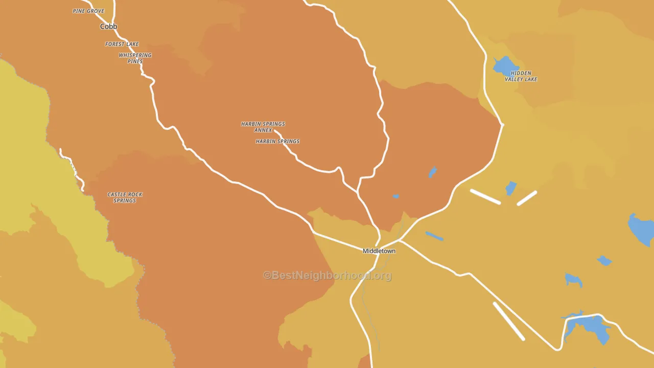 Map of the best neighborhoods in the 95461 area, with better matches in green and worse matches in red