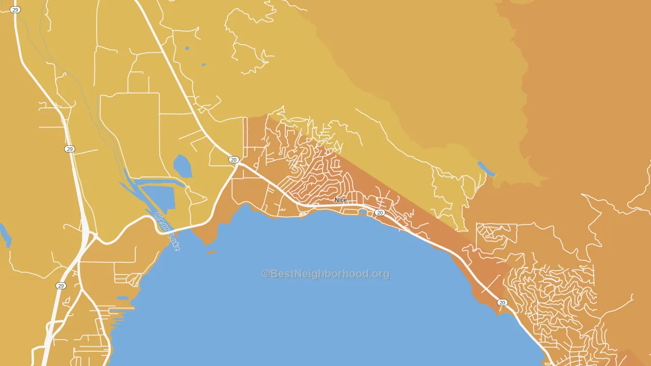 Map of the best neighborhoods in the 95464 area, with better matches in green and worse matches in red