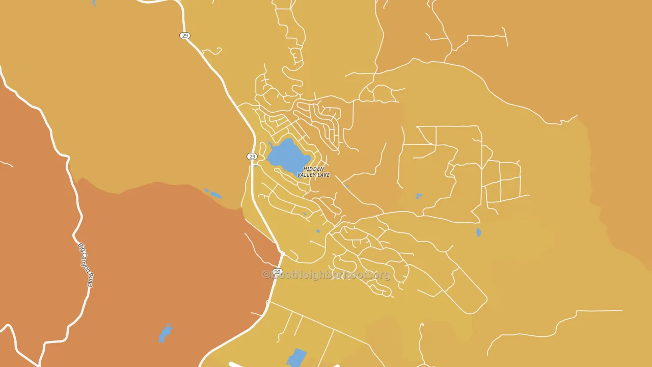 Map of the best neighborhoods in the 95467 area, with better matches in green and worse matches in red