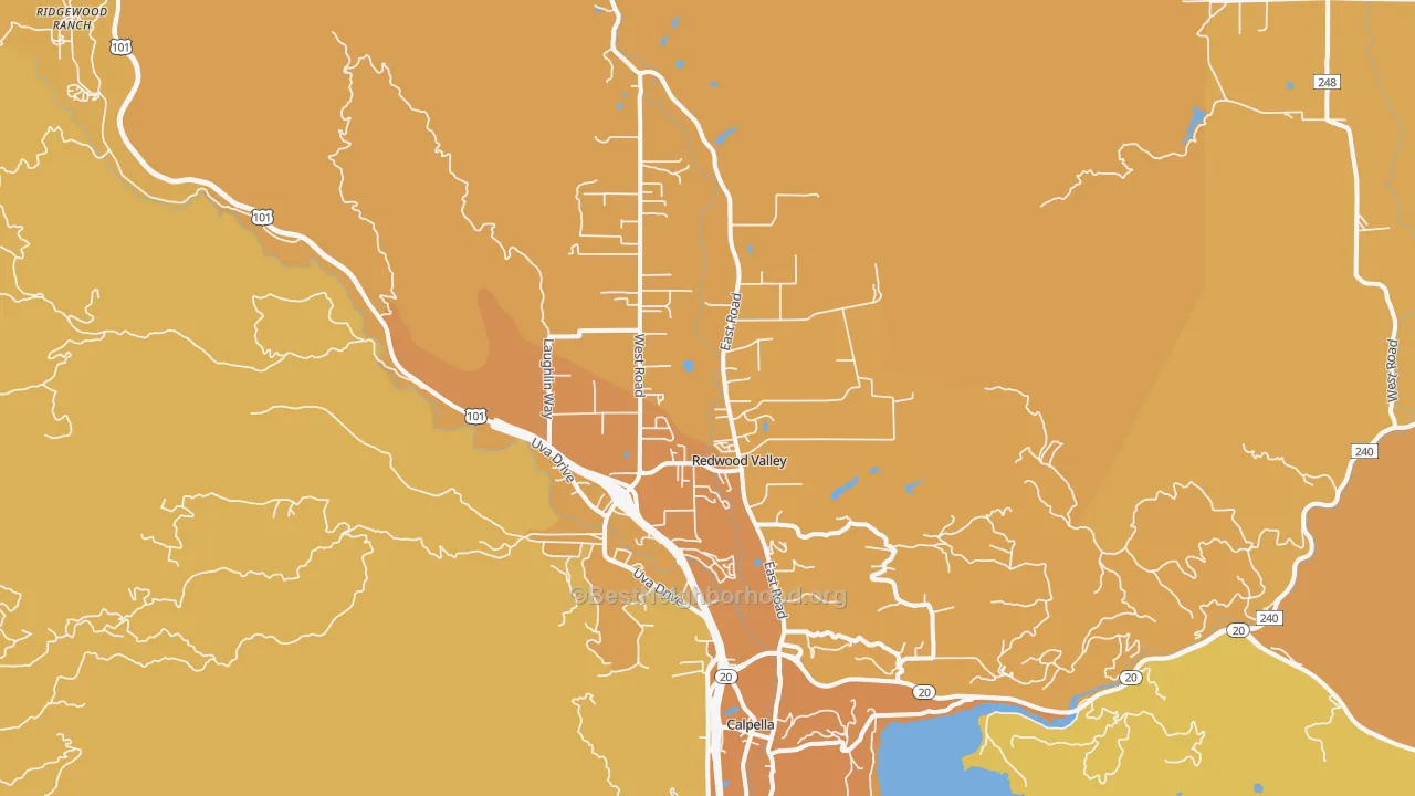 Map of the best neighborhoods in the 95470 area, with better matches in green and worse matches in red