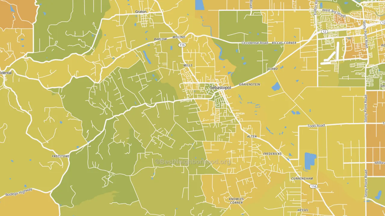 Map of the best neighborhoods in the 95472 area, with better matches in green and worse matches in red