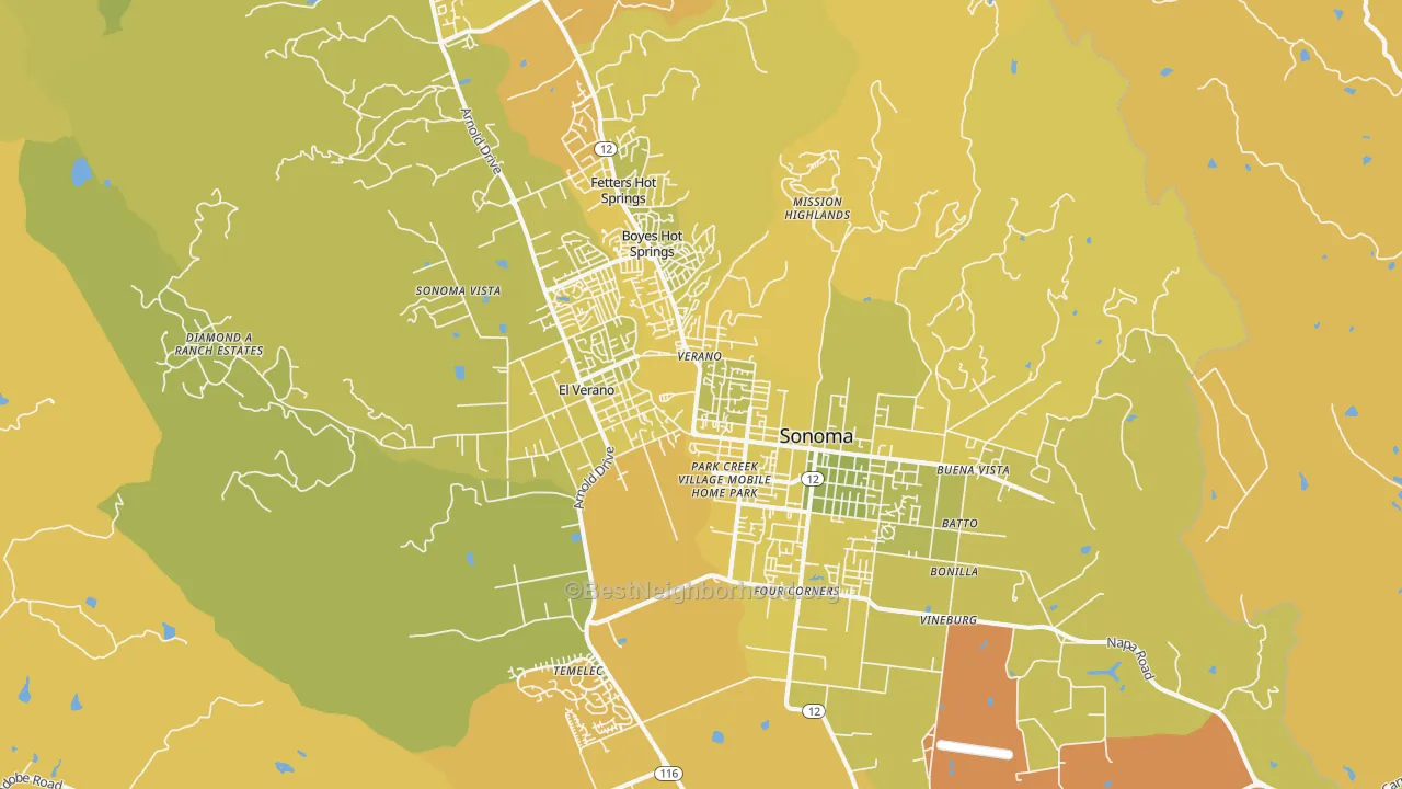 Map of the best neighborhoods in the 95476 area, with better matches in green and worse matches in red