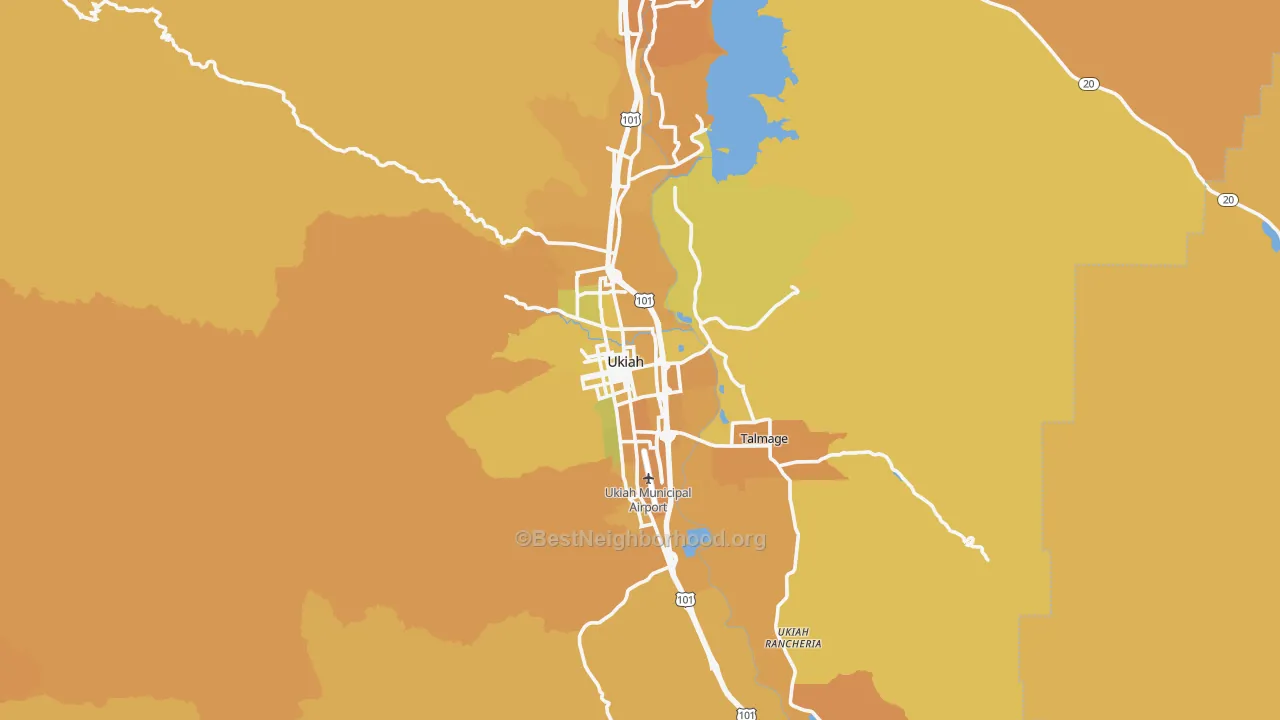 Map of the best neighborhoods in the 95482 area, with better matches in green and worse matches in red