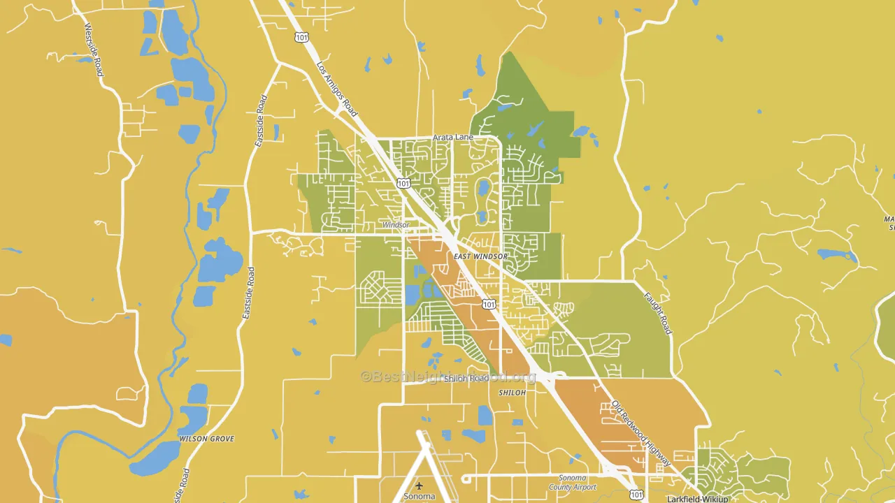 Map of the best neighborhoods in the 95492 area, with better matches in green and worse matches in red