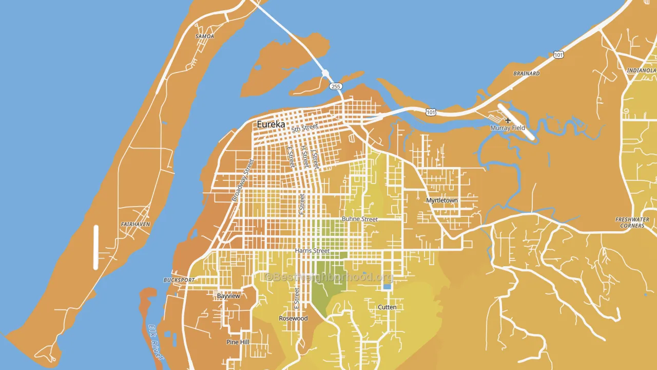 Map of the best neighborhoods in the 95501 area, with better matches in green and worse matches in red