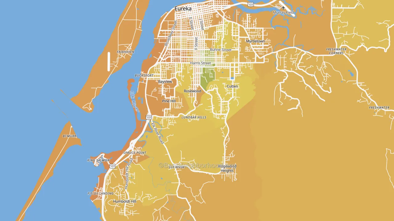 Map of the best neighborhoods in the 95503 area, with better matches in green and worse matches in red