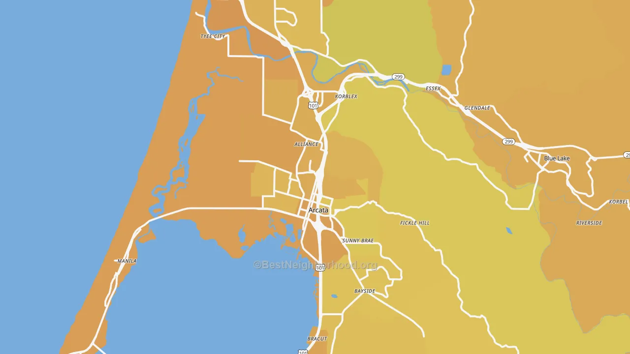 Map of the best neighborhoods in the 95521 area, with better matches in green and worse matches in red
