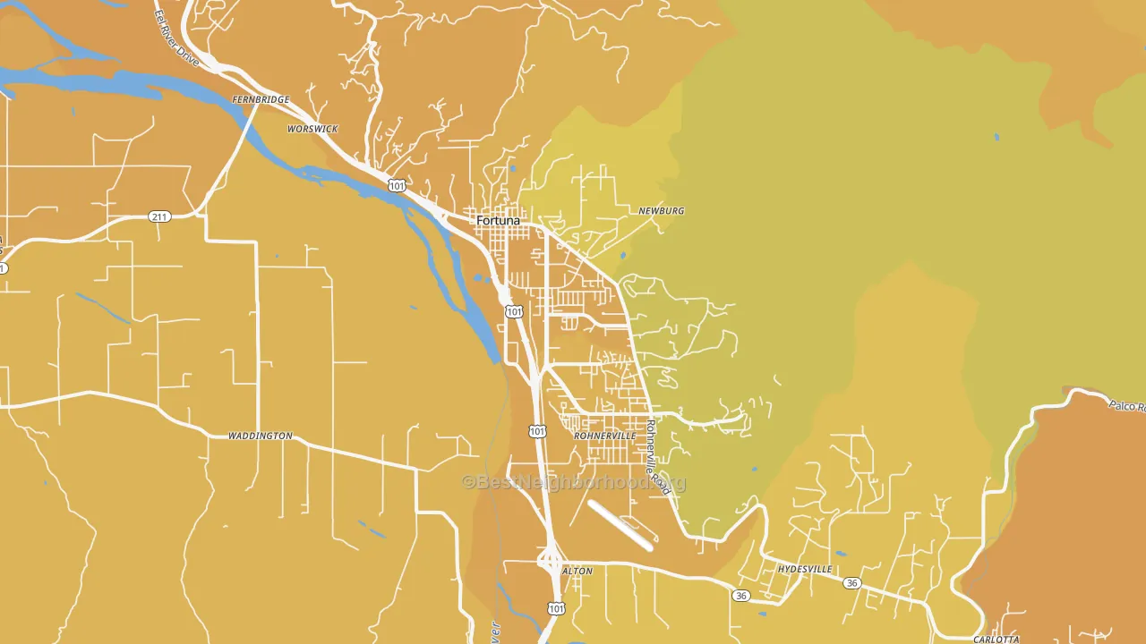 Map of the best neighborhoods in the 95540 area, with better matches in green and worse matches in red