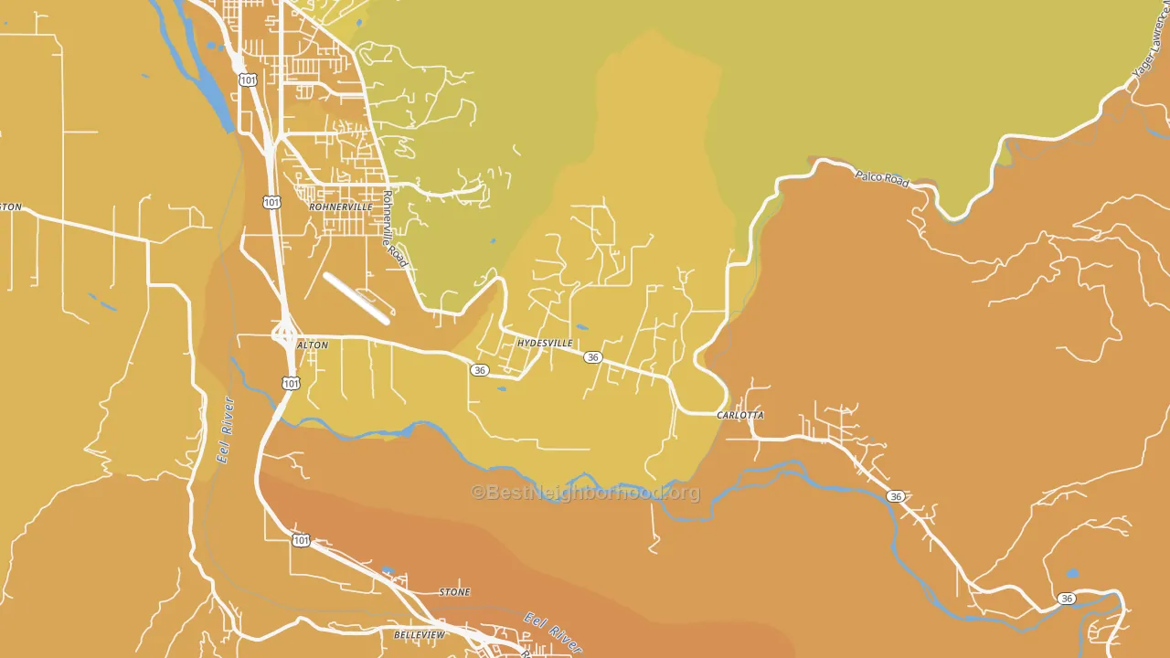 Map of the best neighborhoods in the 95547 area, with better matches in green and worse matches in red