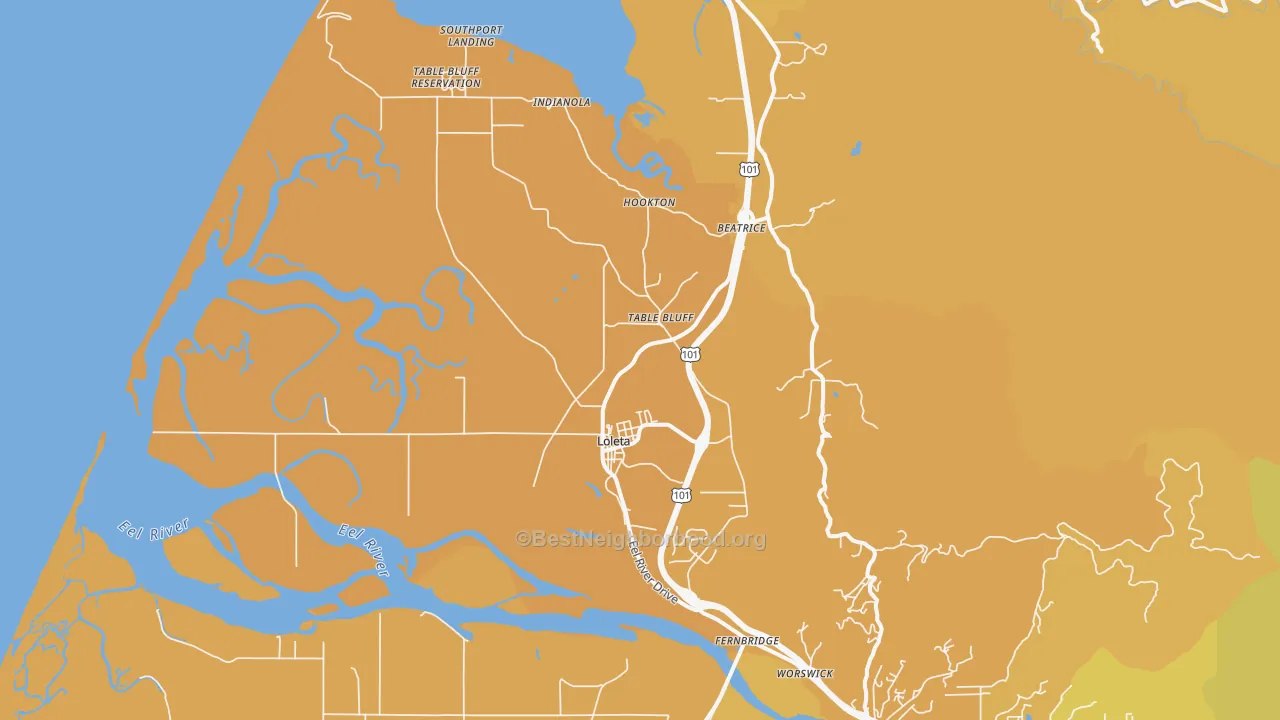 Map of the best neighborhoods in the 95551 area, with better matches in green and worse matches in red