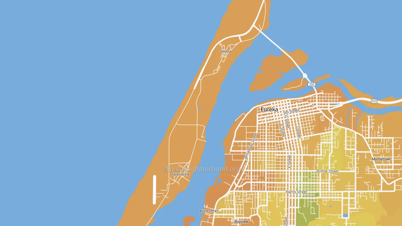 Map of the best neighborhoods in the 95564 area, with better matches in green and worse matches in red