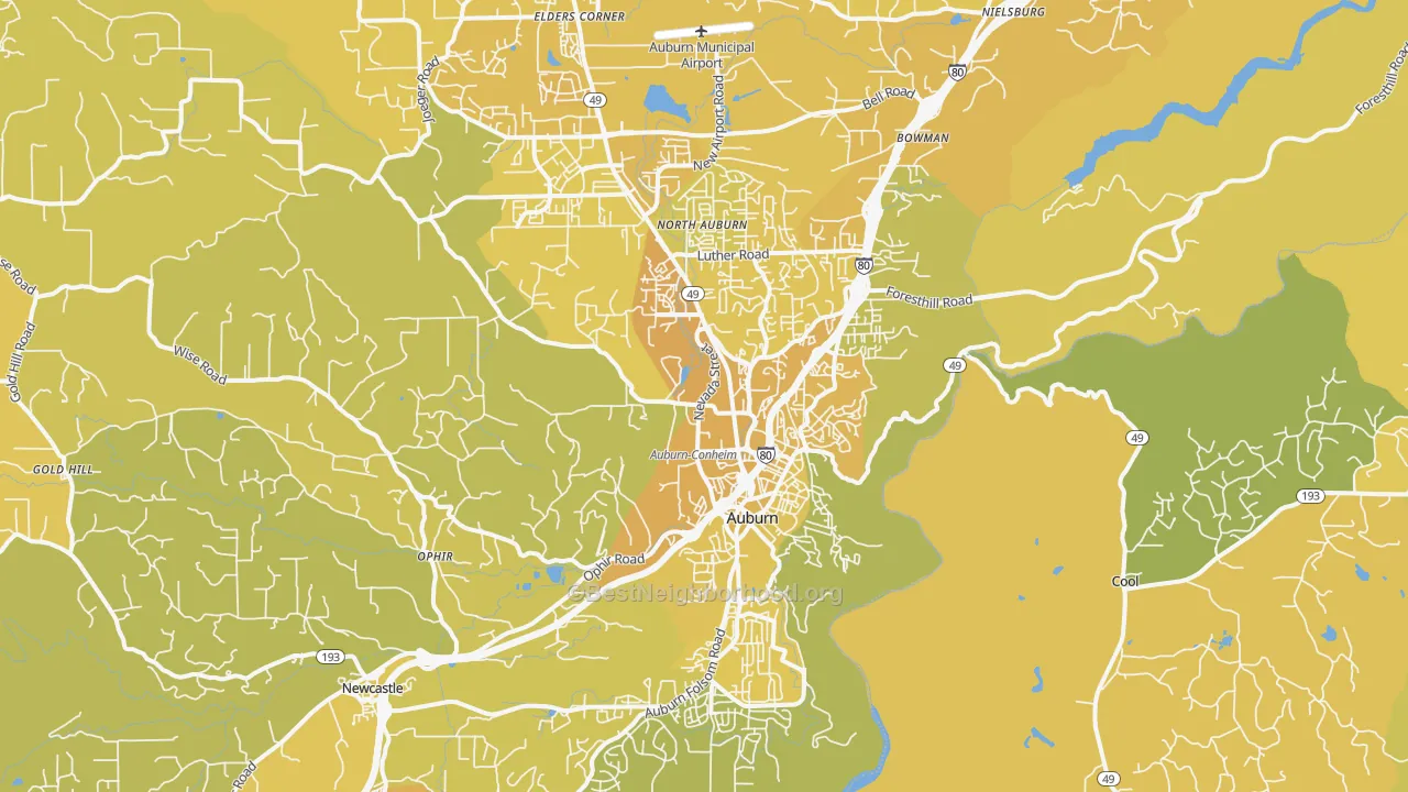 Map of the best neighborhoods in the 95603 area, with better matches in green and worse matches in red