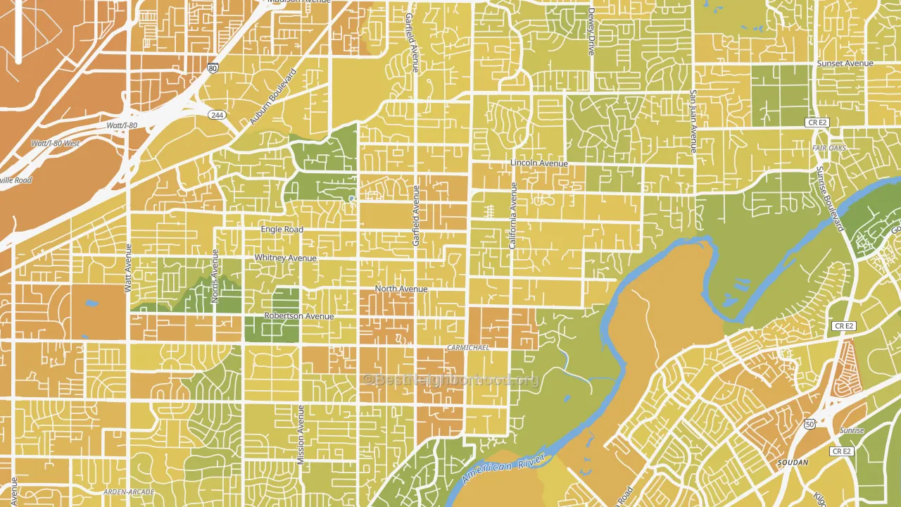 Map of the best neighborhoods in the 95608 area, with better matches in green and worse matches in red