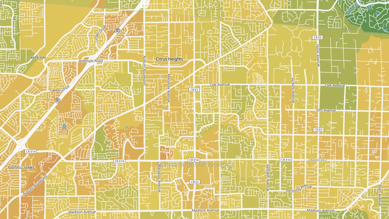 Map of the best neighborhoods in the 95610 area, with better matches in green and worse matches in red